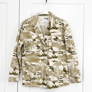 Bershka XS White and Green Camouflage Denim Cargo Jean Jacket